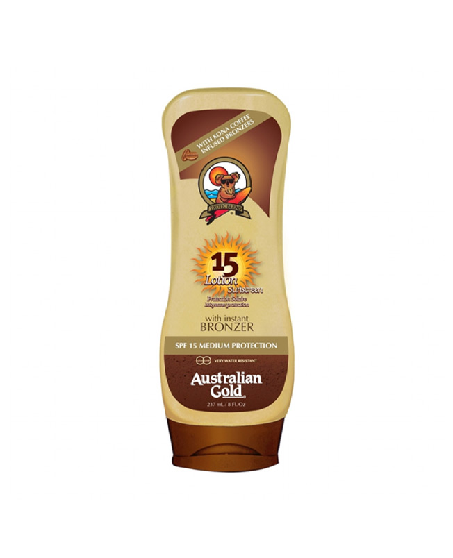 Protezione Solare SPF15 Lotion Kona Coffee with Bronzer - Australian Gold - Acquista Online Spray Parfums